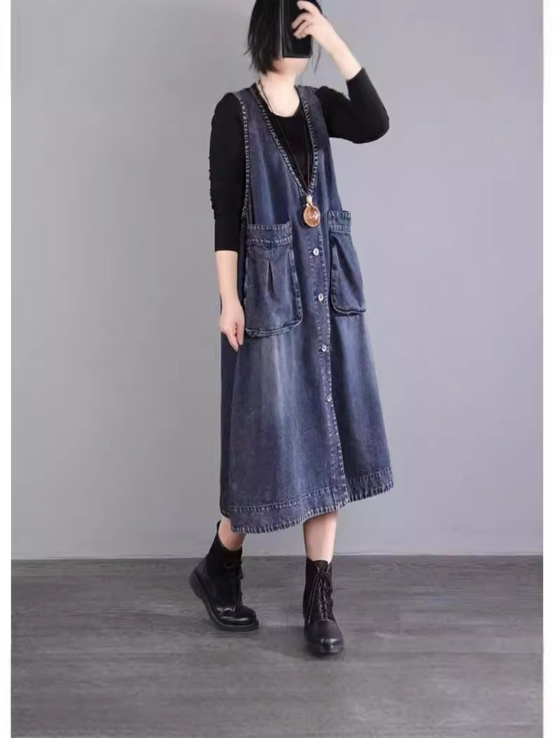 Women's Fashion Pocket Plus Denim Vest Dress