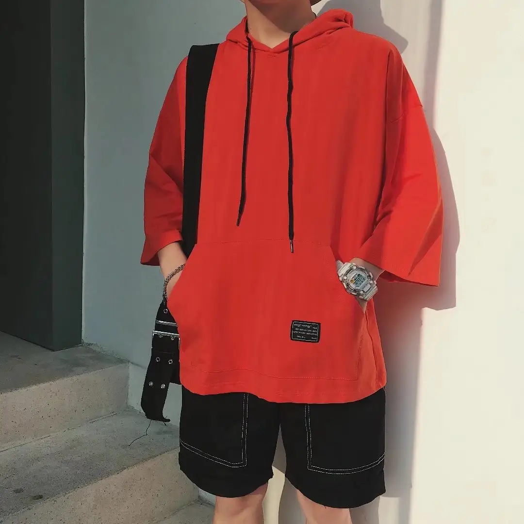 Men Black Loose Hoodie 3/4 Sleeve Summer Plus Size