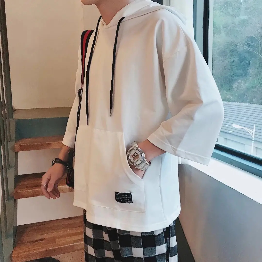 Men Black Loose Hoodie 3/4 Sleeve Summer Plus Size