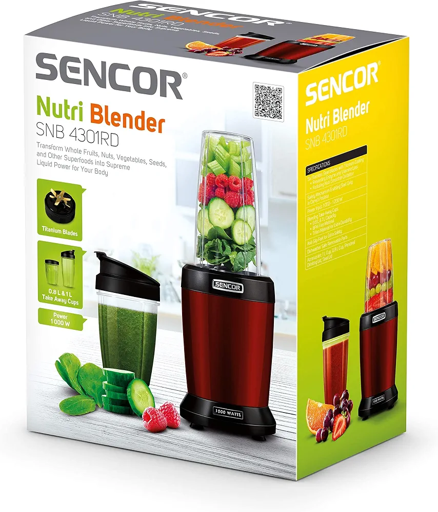 SENCOR - Nutri Blender, 1200 Watt with 22000 RPM, Pre-set blending programmers + PULSE function, Extracts the nutrients from seeds, grains, and nuts, SNB 4301RD, 2 years replacement Warranty